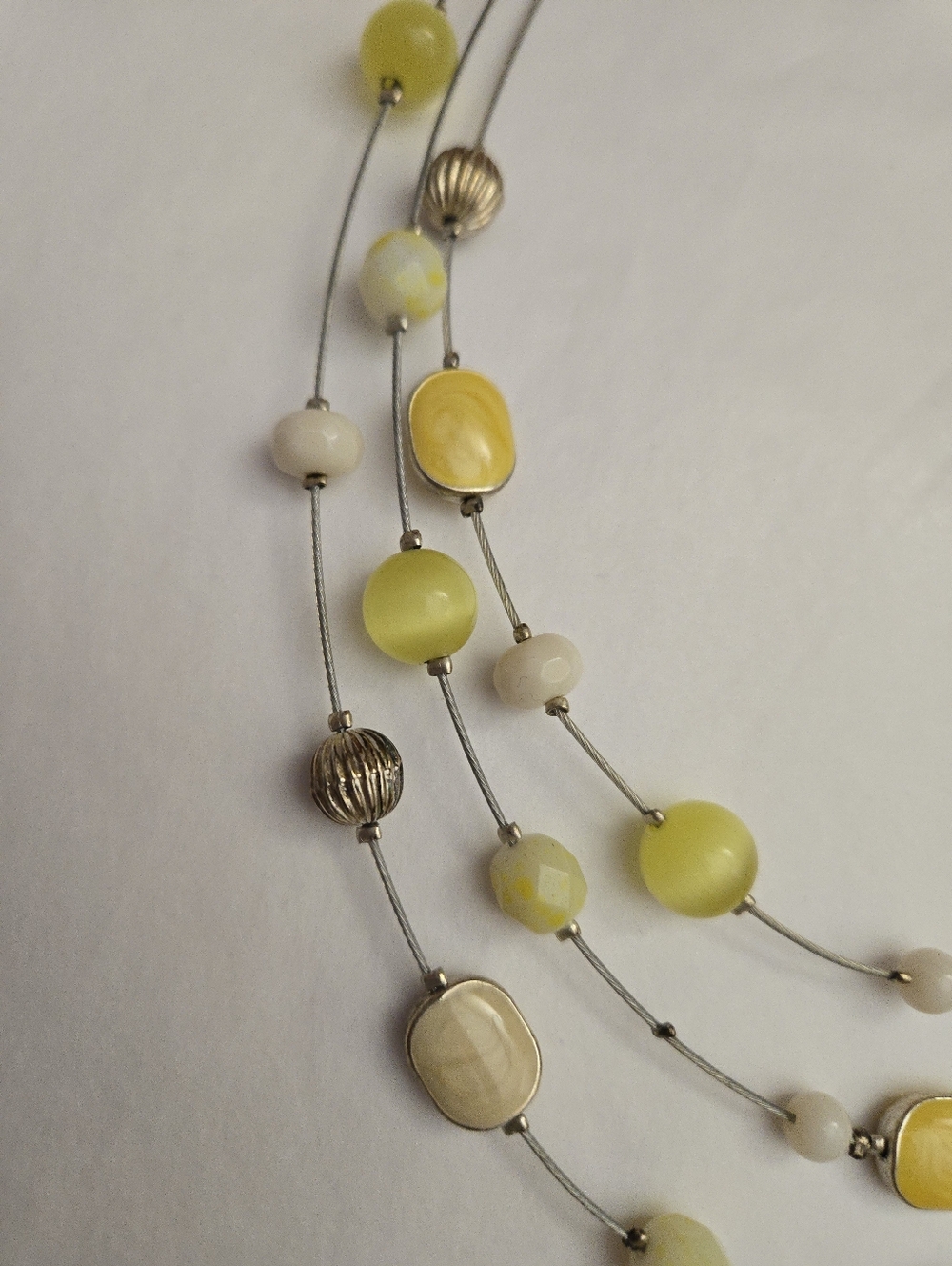 Vintage Style Silver Tone Yellow Ivory Enamel Beaded 3 Strand Bib Necklace - Picture 6 of 6